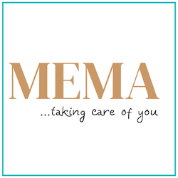 Logo - MEMA in gold caps...taking care of you in black handwriting